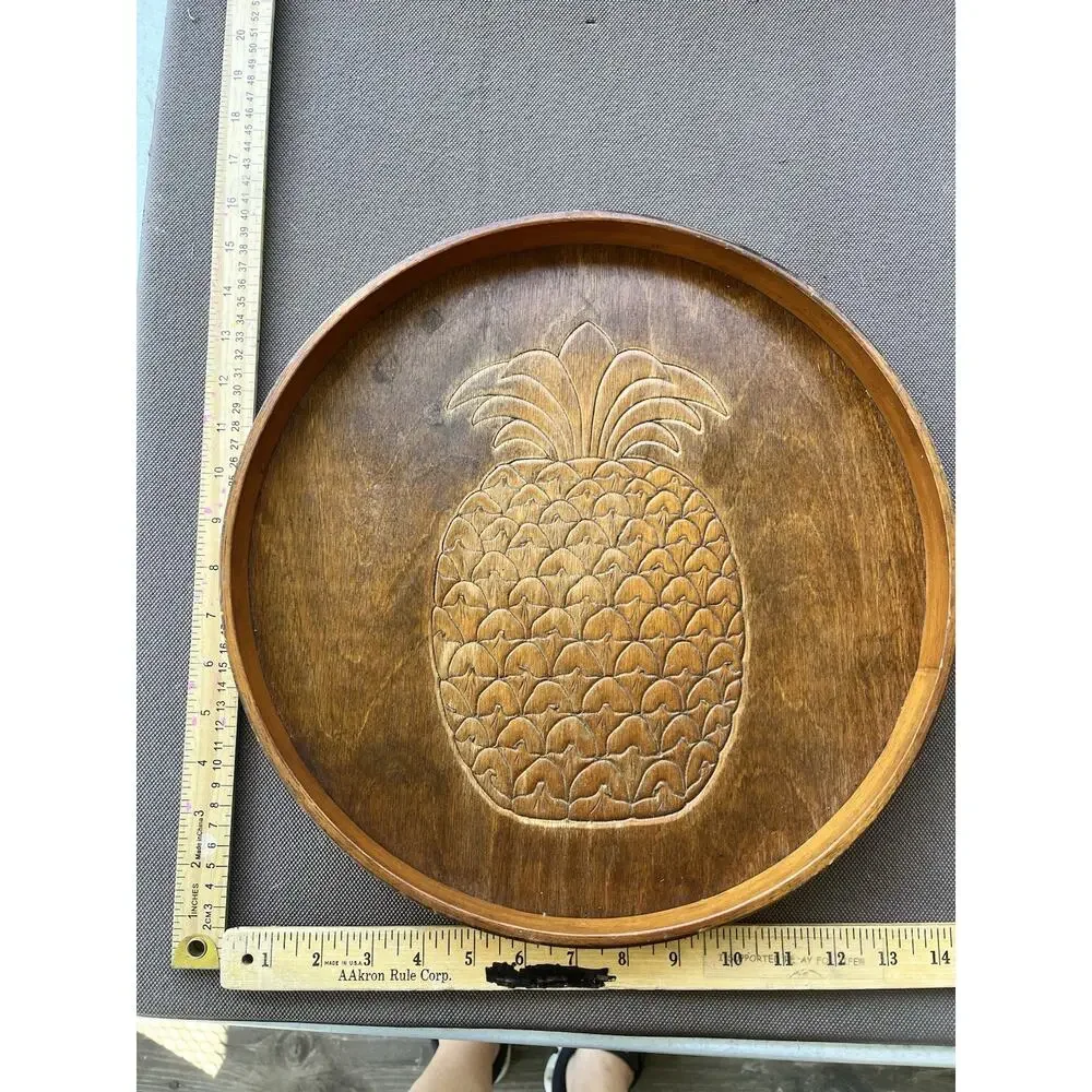 VINTAGE 1982 Woodcrafts Round Wooden Carved Pineapple 14.5